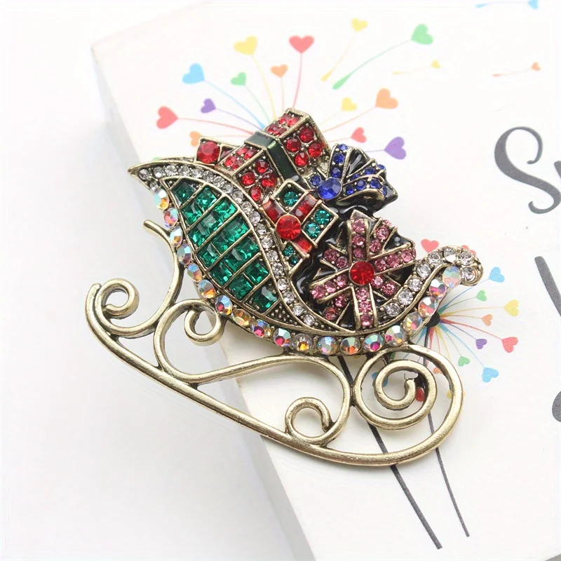 Vintage Rhinestone Christmas Sleigh Brooch Upscale Corsage Pin Accessory Gift