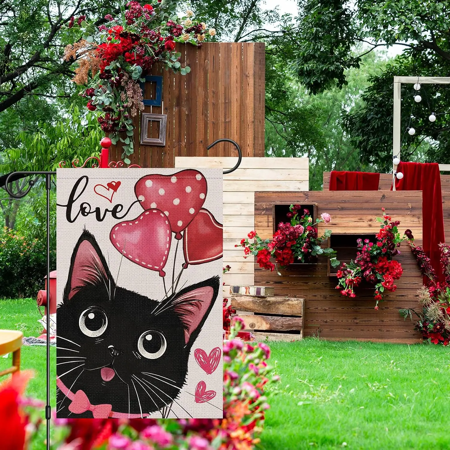 Heyfibro Valentines Love Garden Flag 12 x 18 Inch Double Sided Burlap, Cute Black Cat with Love Balloon Party Supplies for A uui