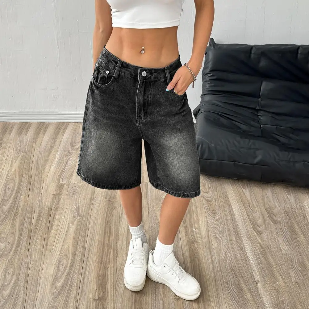 

Женские классические джинсовые шорты-бермуды с двойными карманами, высокой талией, широкими штанинами и карманами до колена