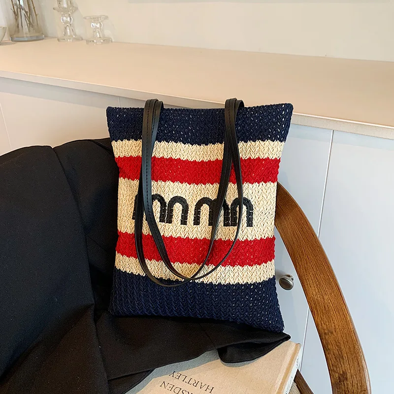 2025 New Seaside Beach Straw Woven Bag for Women,single-shoulder Light Luxury, Large-capacity, Color-blocking Hand-held Tote Bag