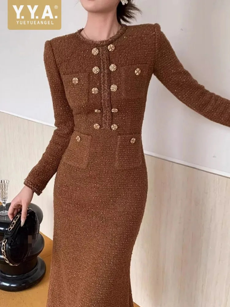 Modisches Büro-Damenkleid Elegantes Tweed-Kleid Langarm O-Ausschnitt Neues Frühling-Herbst Slim Fit Meerjungfrauenkleid Damen Vintage Lange Kleider