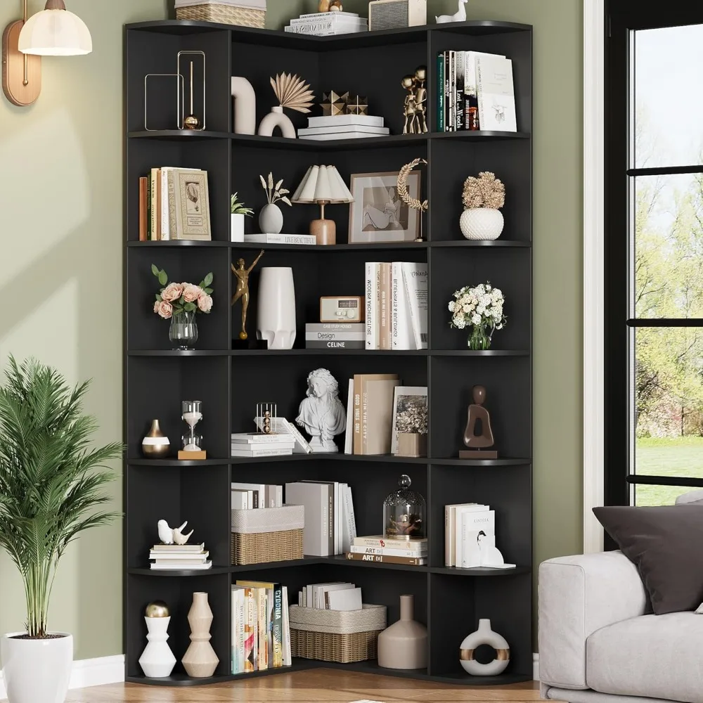 74” Tall Corner Bookshelf, 6-Tier Bookshelf and Bookcase with Open Storage, L Shaped Tall Bookcases Wooden Storage Shelves,Black