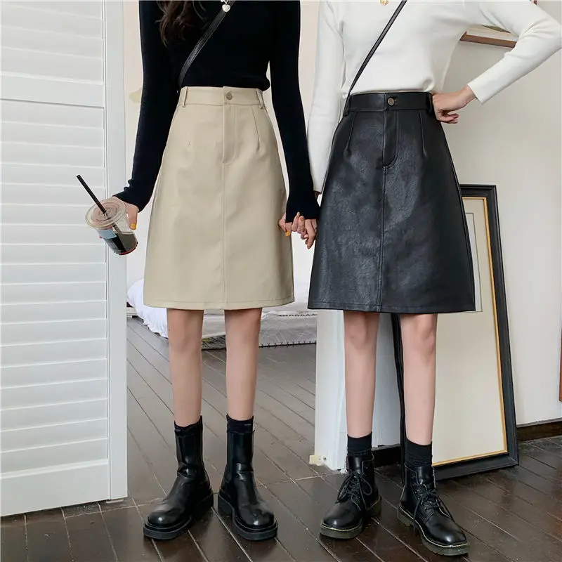 Hot Sale Skirts Women Retro Empire Pu Leather Fall All-match A-line Knee-length Faldas Temperament Office Lady Harajuku Vintage