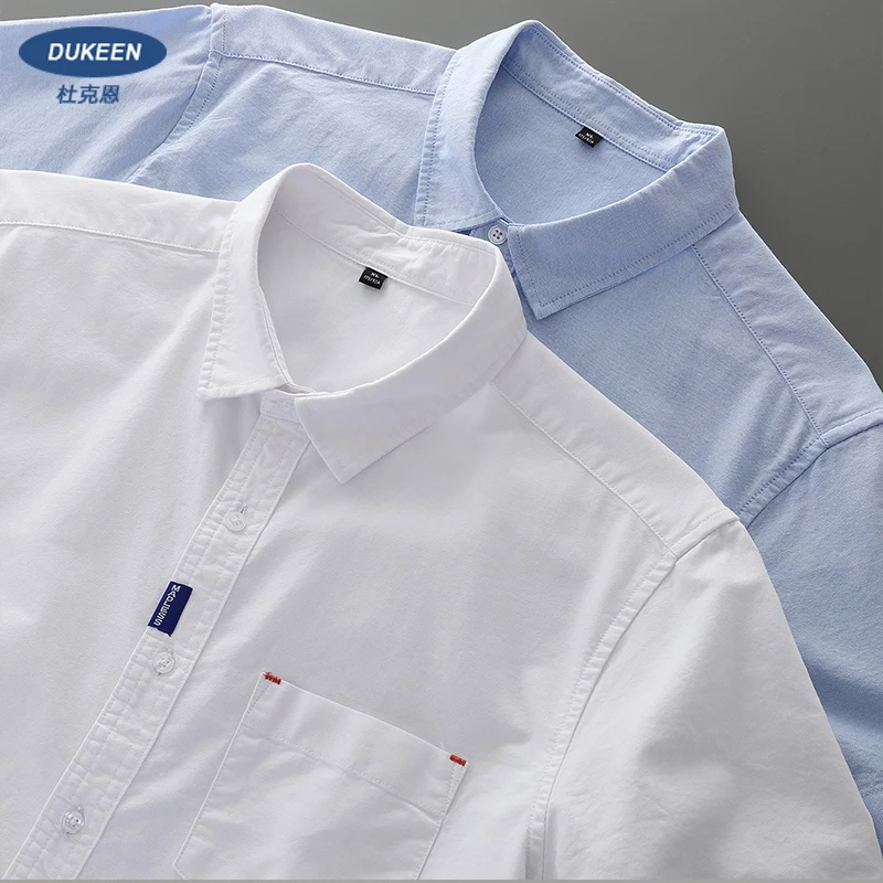 

Dukeen 100% Cotton Oxford Spinning Shirt for Men Summer Casual Solid Color Blouse Man White Short-Sleeved Tops