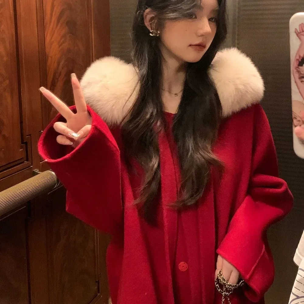 Double-side Woolen Real Fox Fur Jacket Women 2024 New Autumn Winter Long Loose Hooded Collar Tie Up Wool Coat Female Fashion