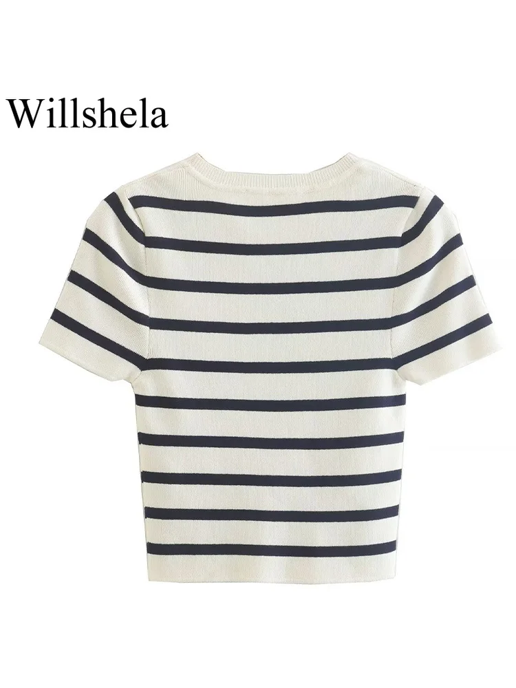 Willshela Women Fashion Striped Knitted Cropped T-Shirt Vintage O-Neck Short Sleeves Female Chic Lady Sweater Shirts