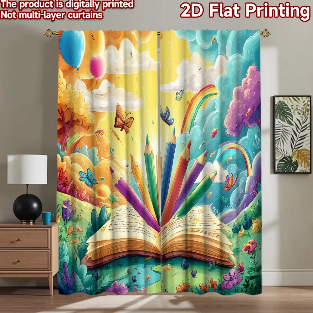 

2D flat printing 2pcs Curtain Colorful book pencils sun butterflies Digital Printed Polyester Drapes Festive Wall Decor Perfect