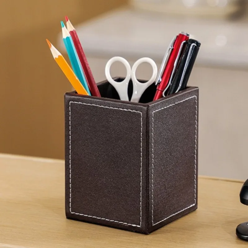 シンプルな PU スクエアシングルペンホルダー無地レザー収納ホルダークリエイティブオフィス/学校デスクトップ収納ボックスビジネスギフト