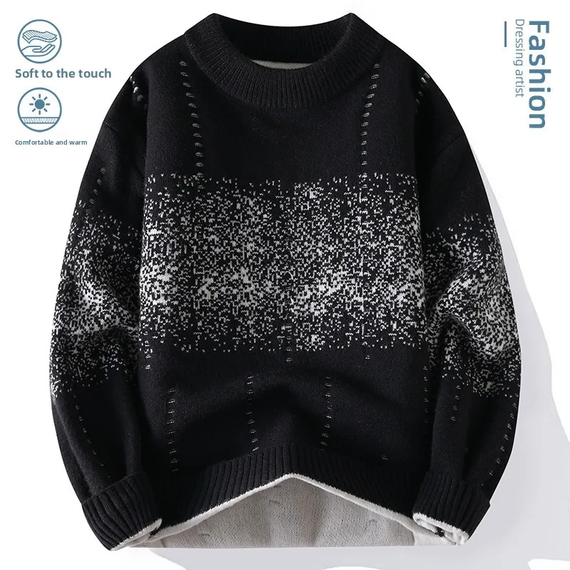 

Men's Faionable round Ne adient Color Fce Lined Thiened Warm Base irt Casual All Match Loose Knitted Sweater