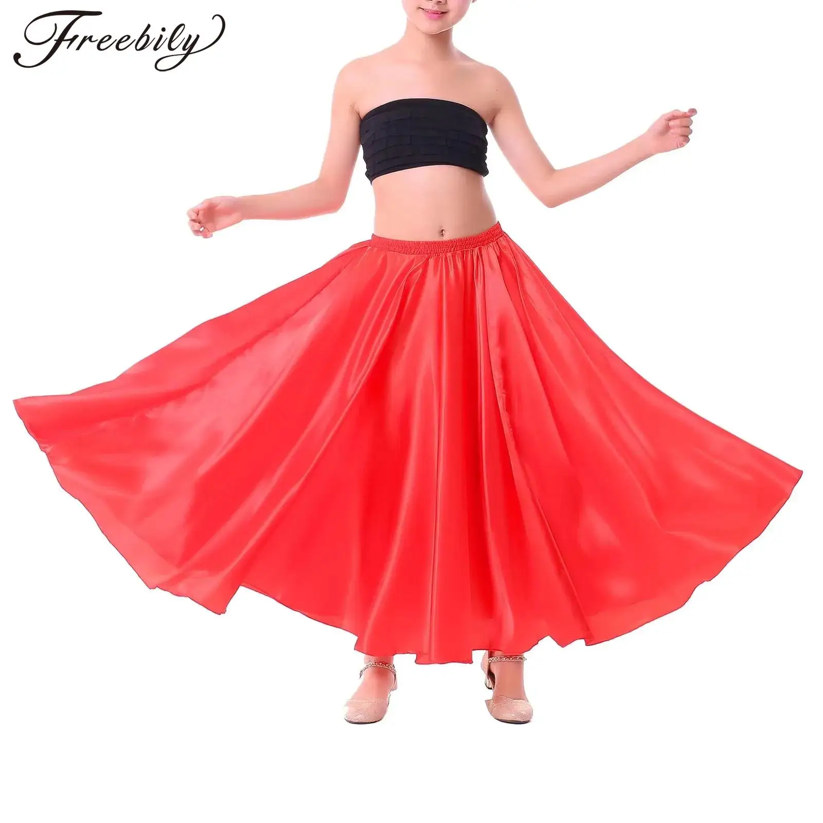 Kids Girls Spanish Paso Doble Bullfight Skirt Flamenco Dance Ballroom Tango Latin Performance Costume Chiffon 360° Maxi Skirts