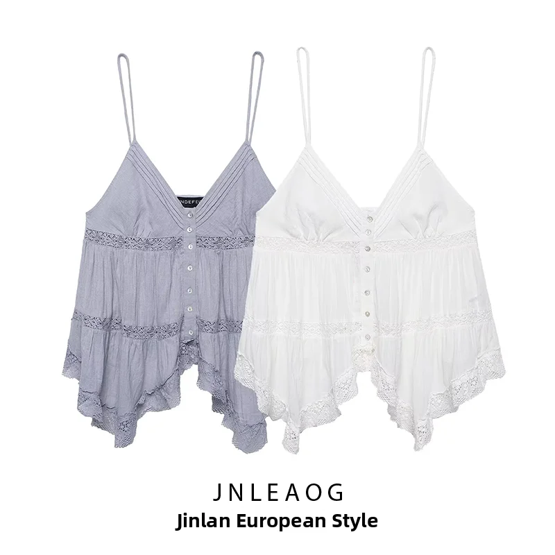 JNLEAOG Spring New Women's Fashion Embroidery Strap Top V-neck Polyester Loose Fit Outerwear Single Button Closure