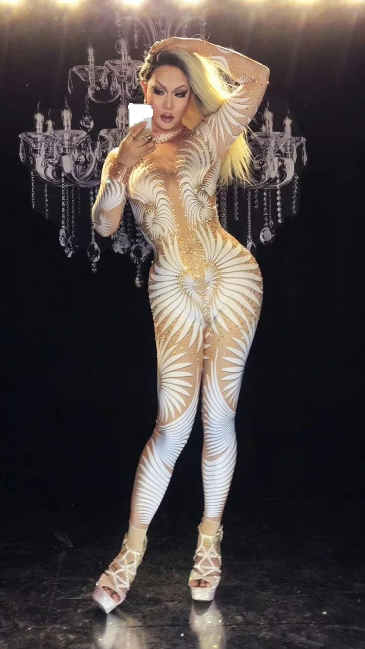 Feibiao Sexy Pattern Diamonds Jumpsuit for Women Nightclub Dress Elastic Tights Crystal Rompers Singer Dancer Bodysuit Outfits