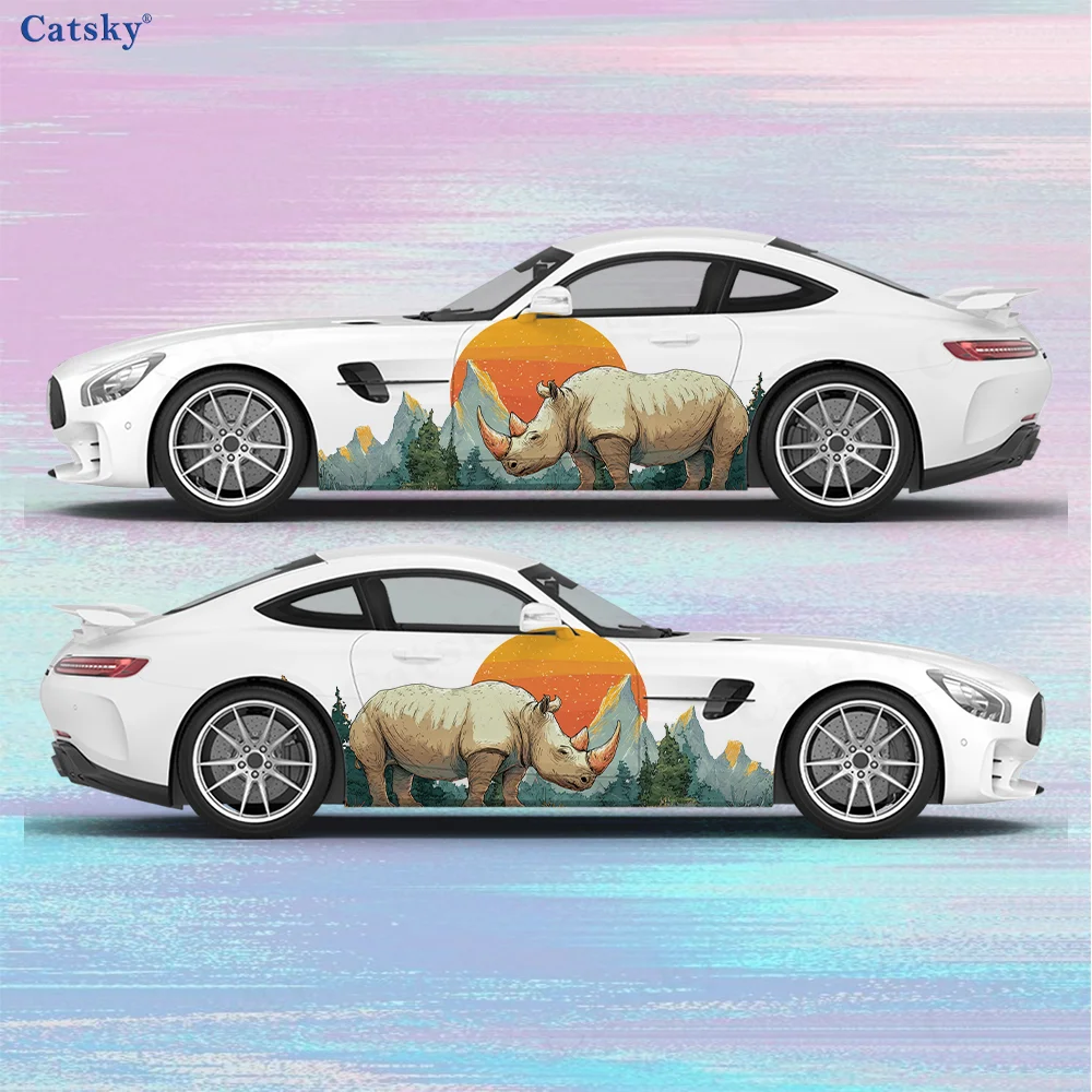 

Rhinoceros Mountain Sunset Car Vinyl Wraps Decal Self-adhesive PVC Sticker Suitable for Trucks SUV Decoration Auto Accessories