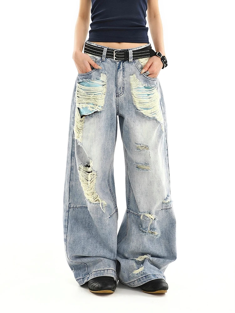 

Women Bottoms Blue Jeans Vintage Straight High Waist Self Hip Hop Y2K Casual Baggy Wide Leg Pants Denim Trouser Ladies Summer