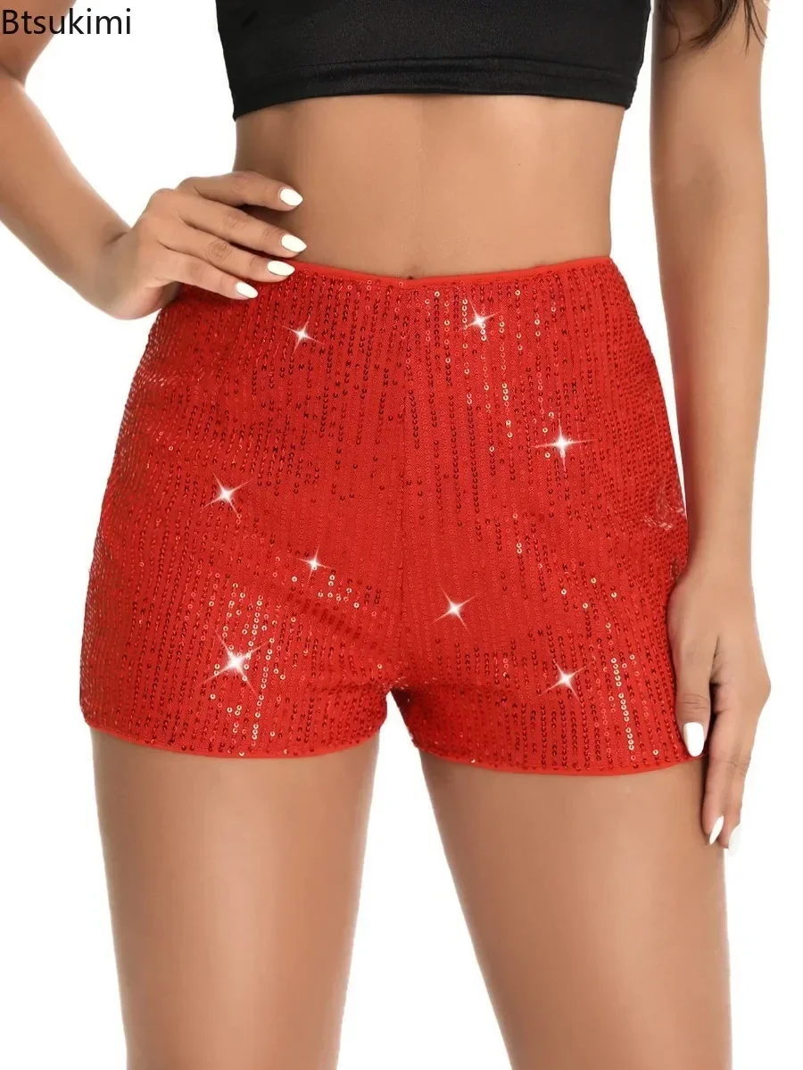 Pantalones cortos con lentejuelas para mujer, Shorts sexys de cintura media alta, elásticos, brillantes, de pierna recta, brillantes, sólidos, para fiesta y Club, 2024