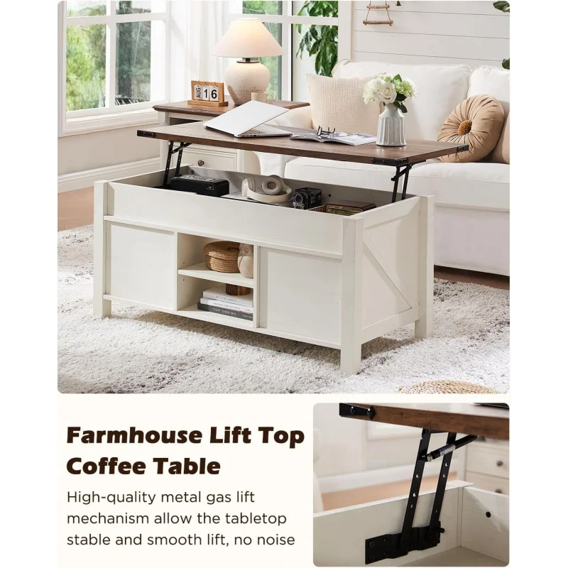 Farmhouse Lift Top Coffee Table com deslizante porta de celeiro, mesa central rústica, compartimento de armazenamento escondido, elevação Tabletop, 48"