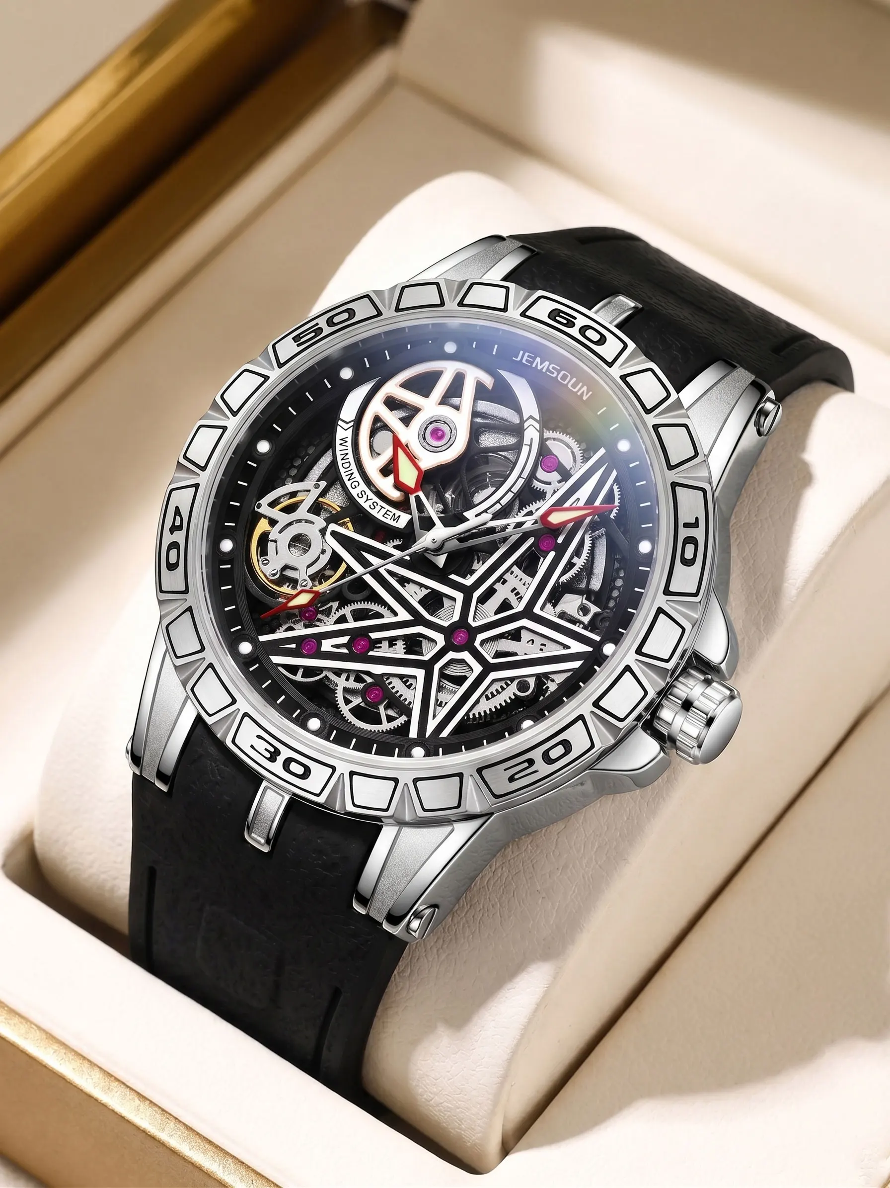 

Luxury Men's Skeleton Mechanical Watch, Stainless Steel Bezel, Rubber Band, Luminous Hands, Waterproof Sport Wristwatch for Men