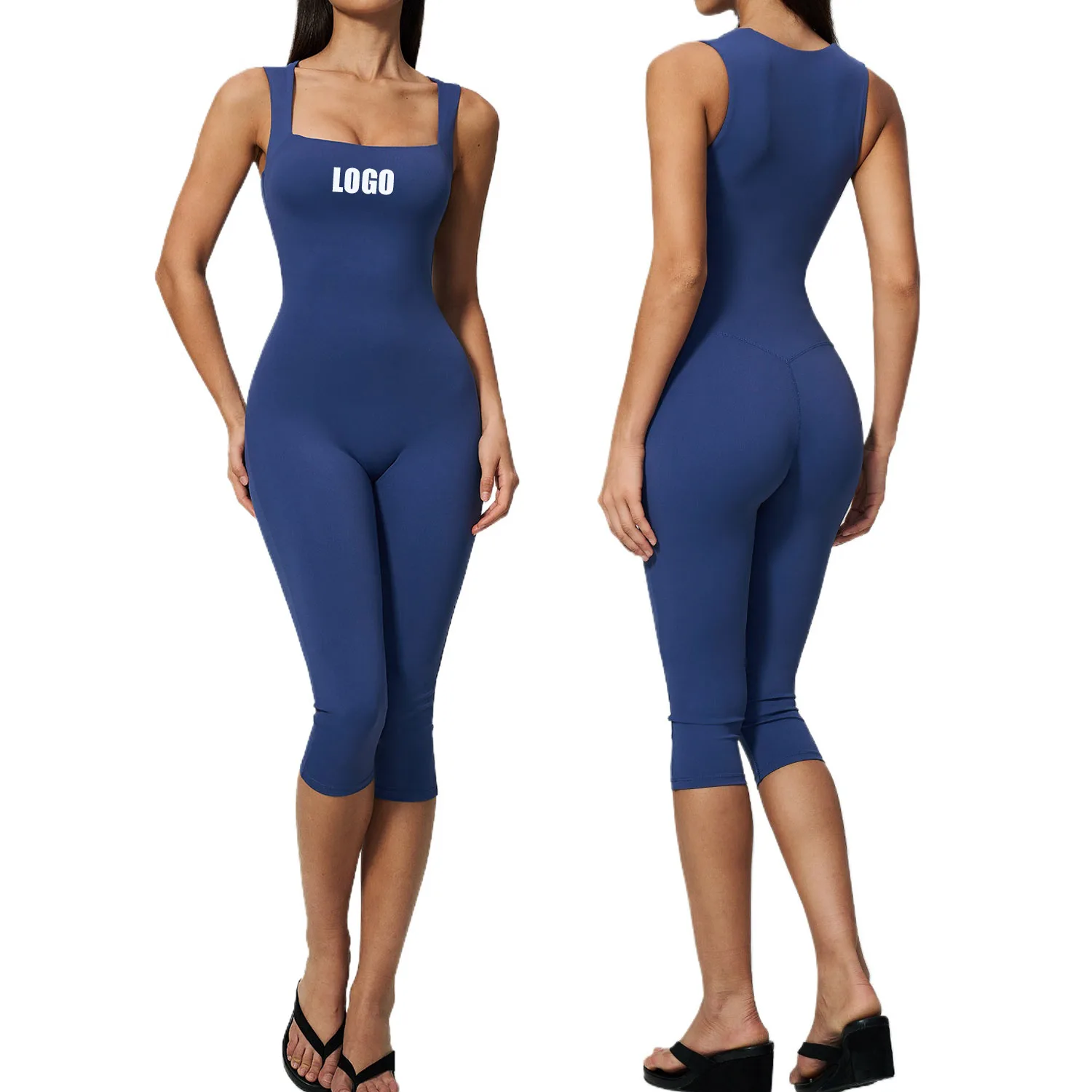 Customized LOGO women's nude onesie square neck vest tight one-piece pants yoga onesie