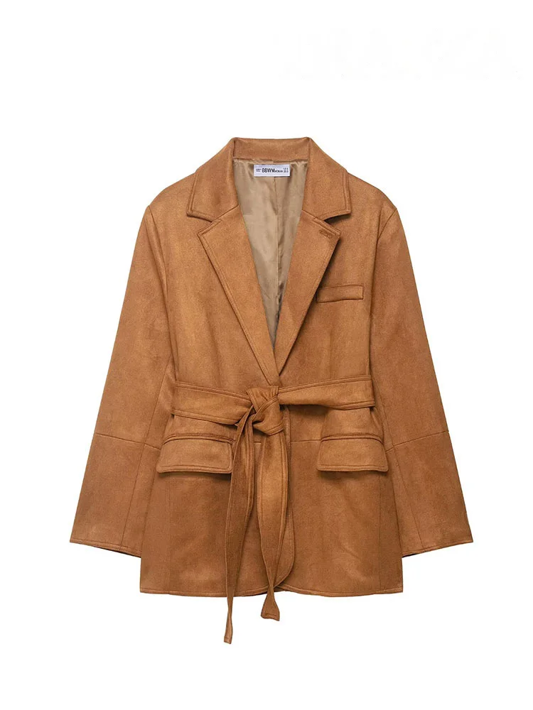 HH Women's Fashion Jacket Solid Turn-Down Collar Long Sleeves Lace-Up Decoration Pockets Button Female Autumn Casual Coats