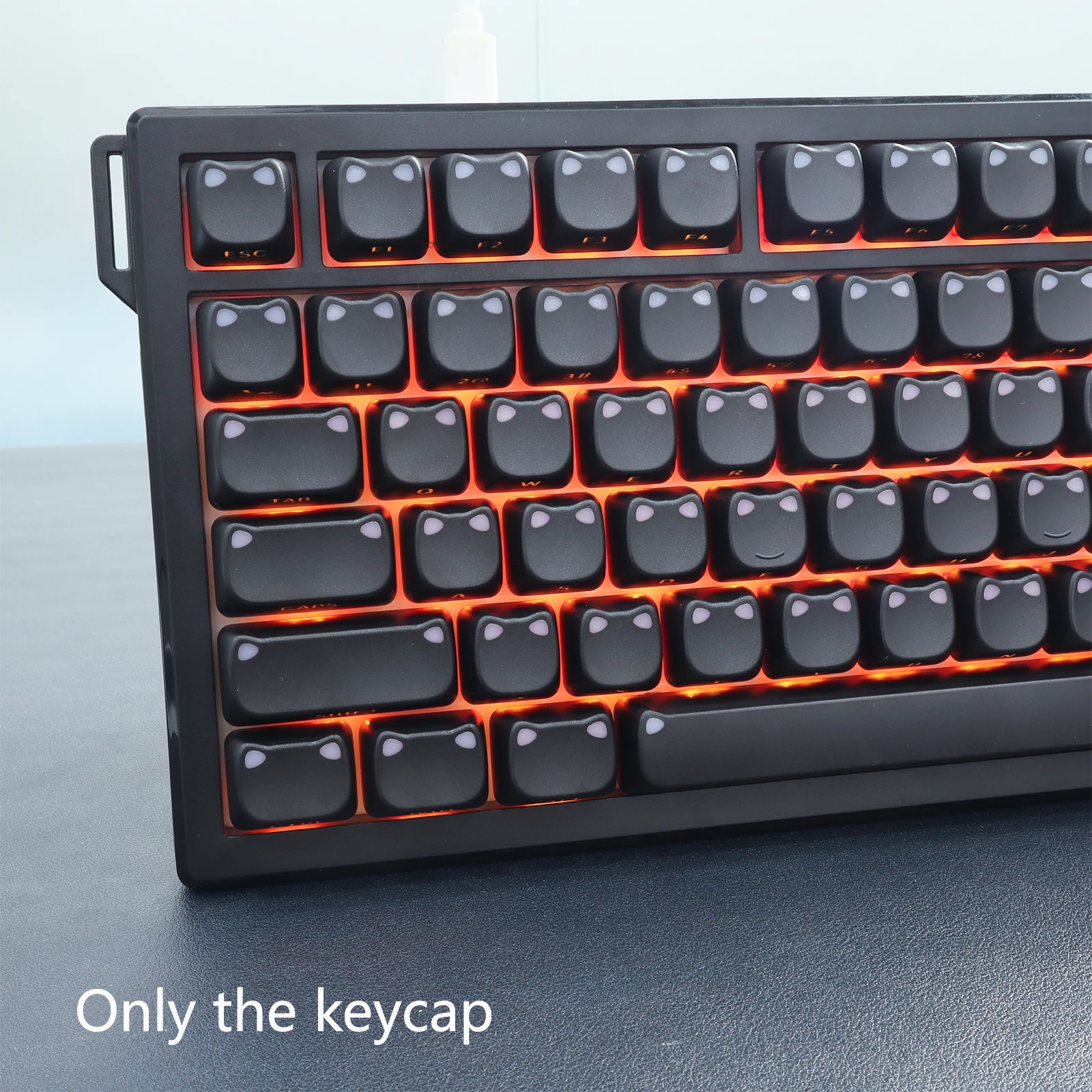 Black Cute Cat Ear Side Printed RGB Backlit Keycaps Double Shot PBT Keycap MAO Profile for Cherry MX Switches Gaming Keyboard