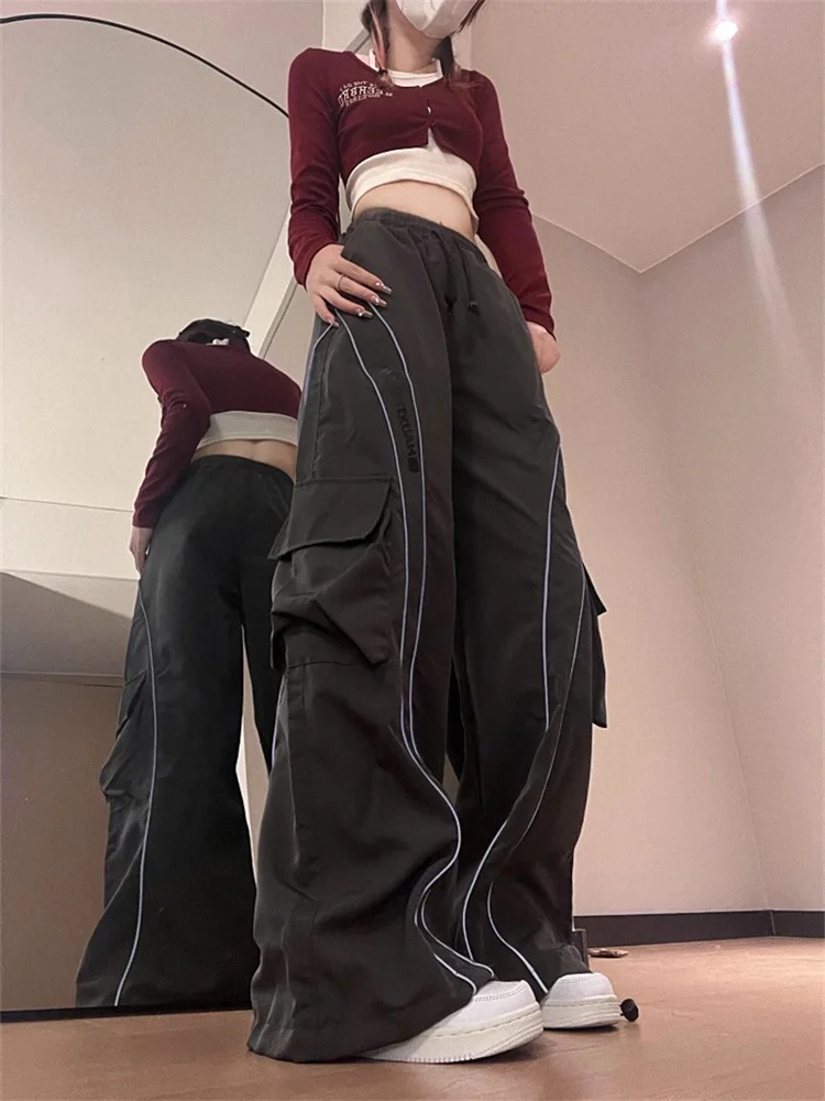 QWEEK Y2K Streetwear Black Cargo Pants Women Hip Hop Striped Oversized Track Pants American Retro Basic Wide Leg Sweatpants