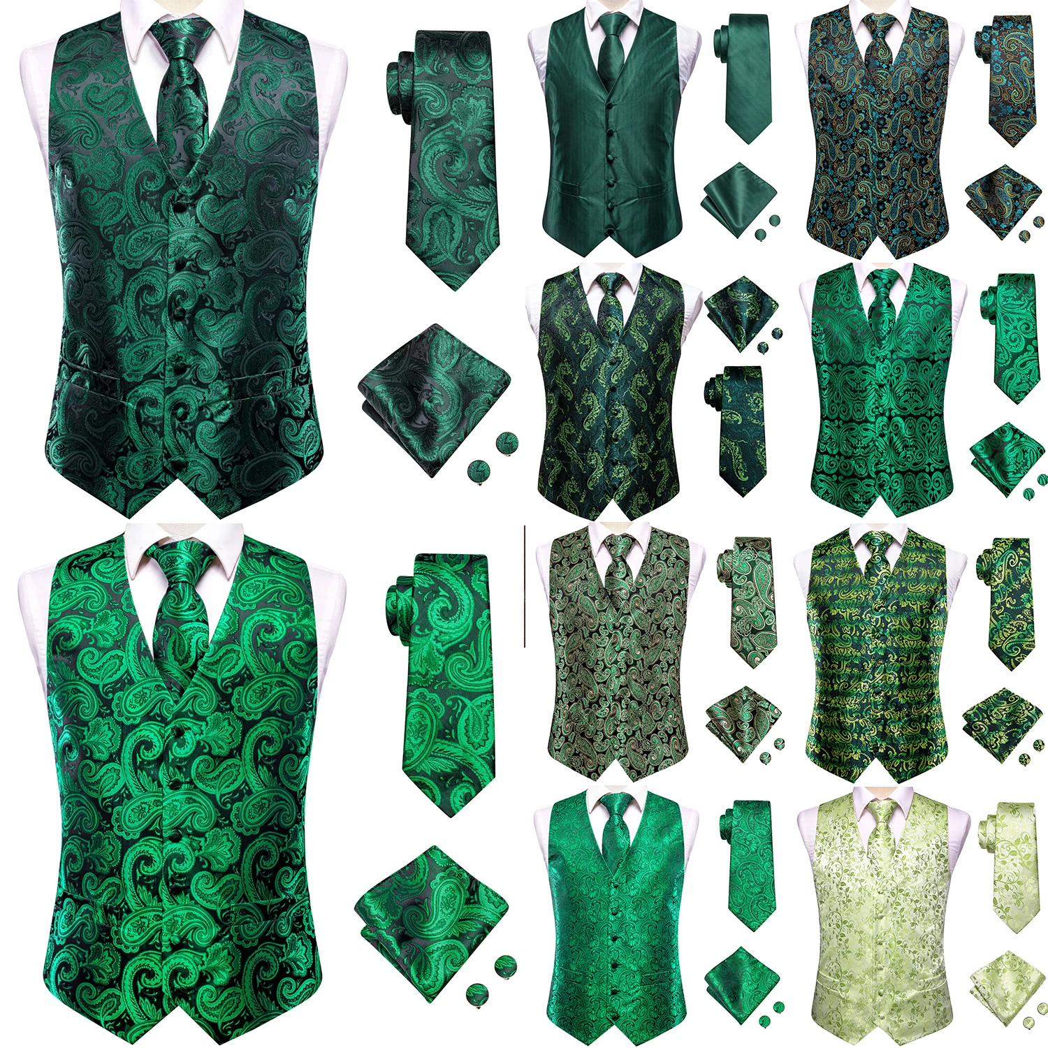 Green Mint Sage Silk Mens Waistcoat Tie Set Sleeveless Jacket Suit Vest Necktie Hanky Cufflinks Wedding Business Oversized Gift