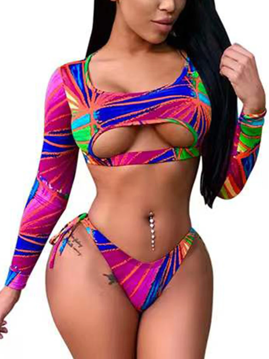 

2025 Surf Swimsuit Long Sleeve Printed Swimwear Women String Two Piece Rashguard Diving Clothes Bathing Swimming Suit