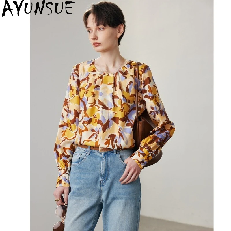 

AYUNSUE Natural Mulberry Silk Shirts & Blouses for Women Elegant Shirts Long Sleeve Printed Shirt Women Clothes Blusas De Mujer