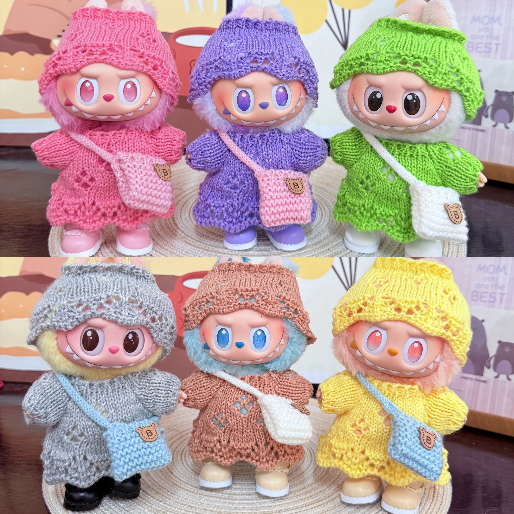 

Clothes For Labubu 15/17Cm Dolls Gen 1-3 Knitted Woolen Clothing With Crossbody Small Bag Princess Shoes Set Apparel Hanging
