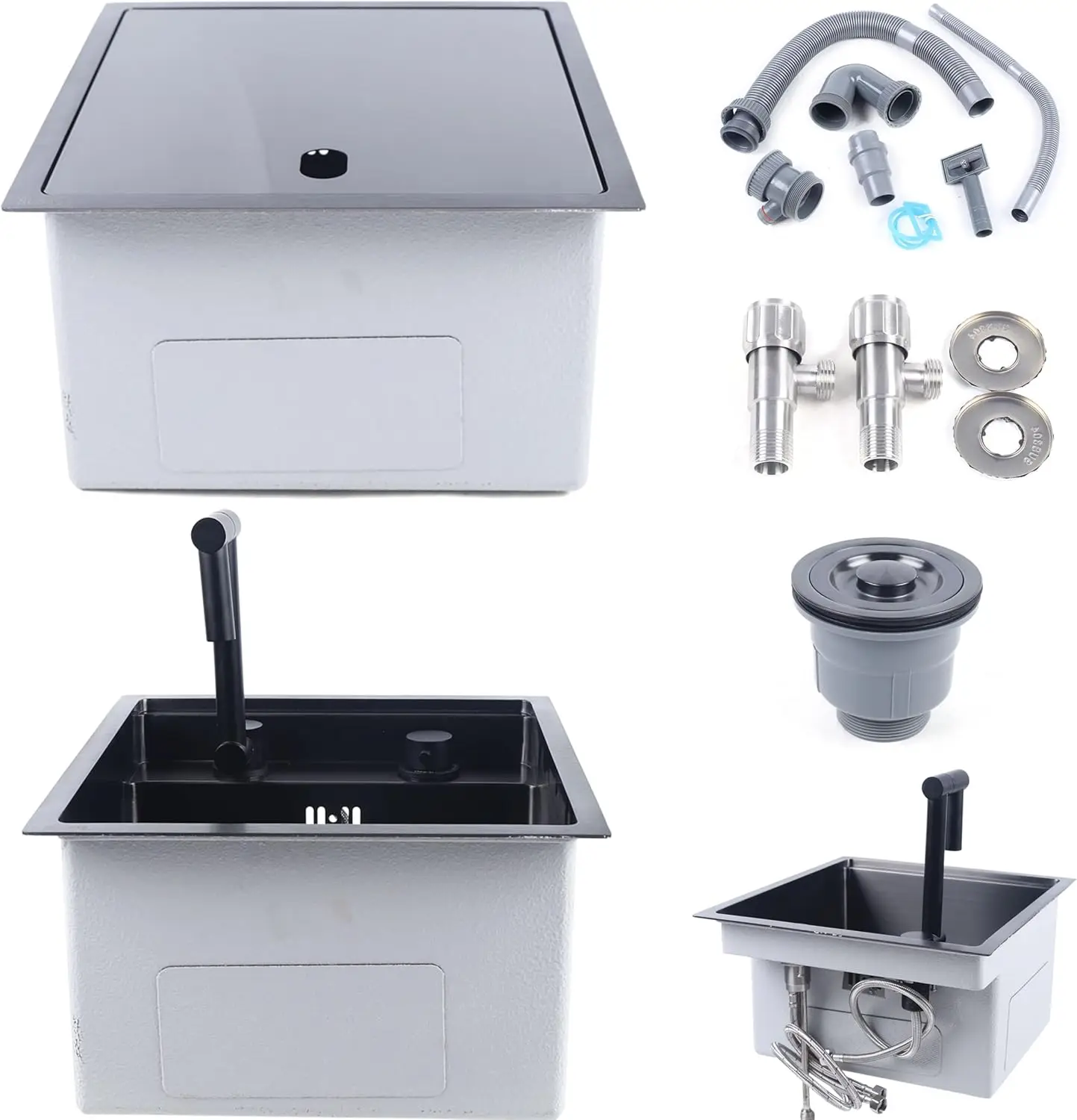 

15-inch Hidden RV Kitchen Bar Sink with Folding Faucet, Cover, Drain Pipe and Strainer Full Set, Small Stainless Steel Prep Sink