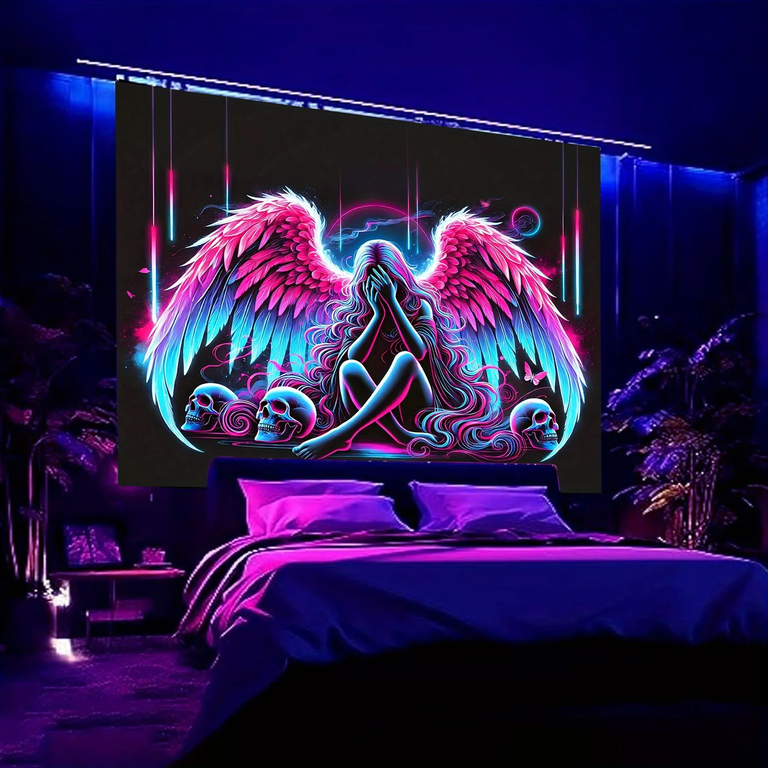 نسيج نيون عاكس للأشعة فوق البنفسجية بأجنحة وردية شريرة ملاك منزلية وديكور خارجي نمط خيالي مناسب لغرفة المعيشة #5
