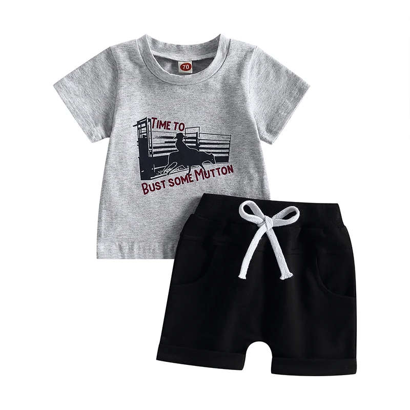 Conjunto de 2 piezas de verano para bebés, camiseta de manga corta con estampado de letras, pantalones cortos elásticos con dobladillo enrollado