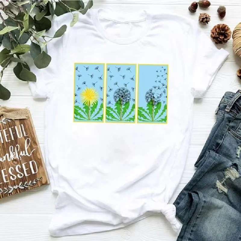 Dandelion Tshirt Summer Harajuku Style Simple Fashion Dandelion Compassionate T-shirt Loose Slim T-shirt Woman