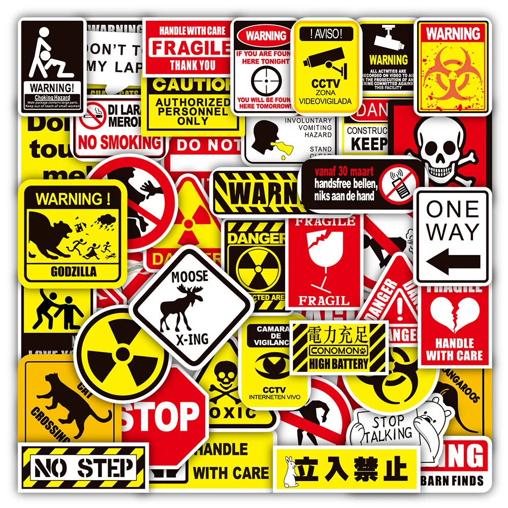 10/30/50/100PCS Danger Banning Signs Warning Cartoon Stickers Decals Toys Waterproof DIY Laptop Stationery Funny Sticker Packs