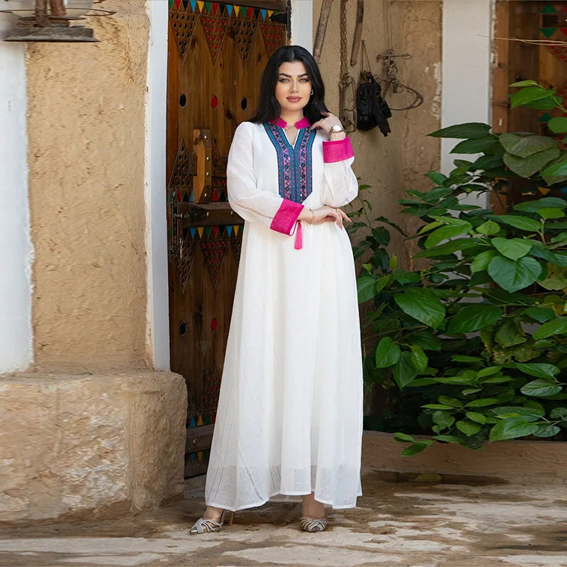2025 femmes blanc décontracté à la mode ample épissé à manches longues robes élégantes femme Abaya Jalabiya vêtements arabe musulman mode