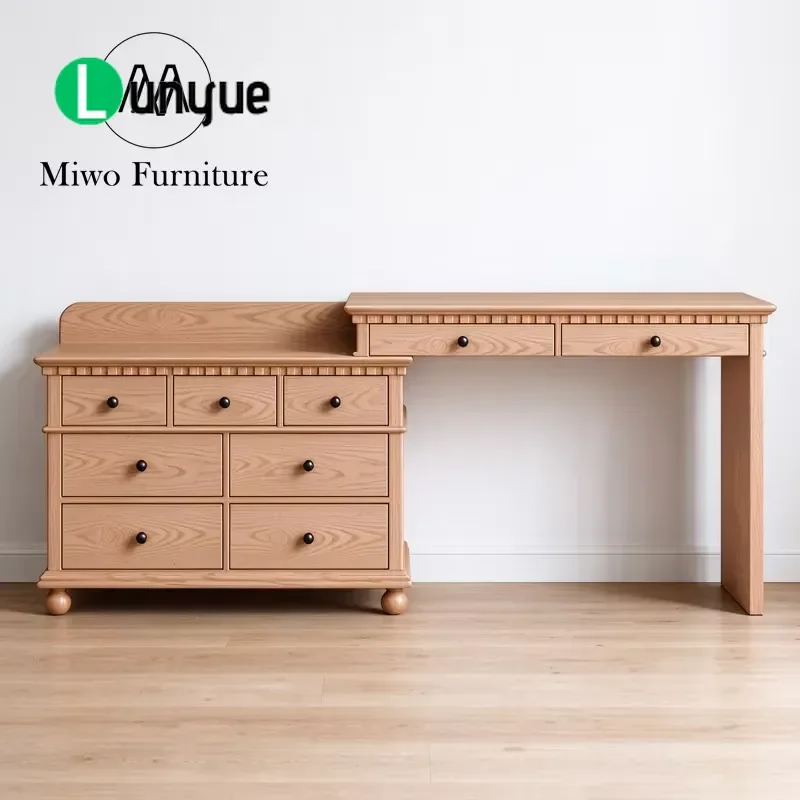 Modern Wooden Makeup Dresser with Chest of Drawers Retractable L Shaped Vanity Table Large Storage Space Bedroom Furniture