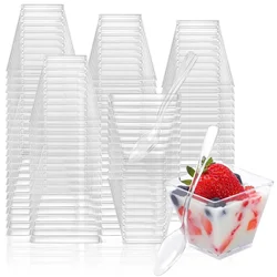 100 Pack Pudding Cups With Spoon Mini Plastic Dessert Cups Shooter Cups Mousse Cake Cups Fruit Ice Cream for Home Party Supplies