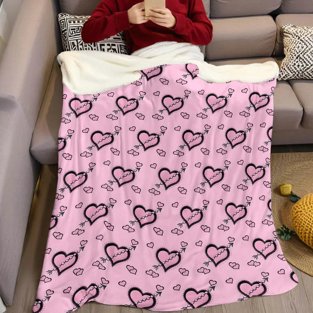 Pink Lace Arrow Heart Flannel Blanket Warm Soft Halloween Christmas Decorative Couch Warm Cozy All-Season Gift