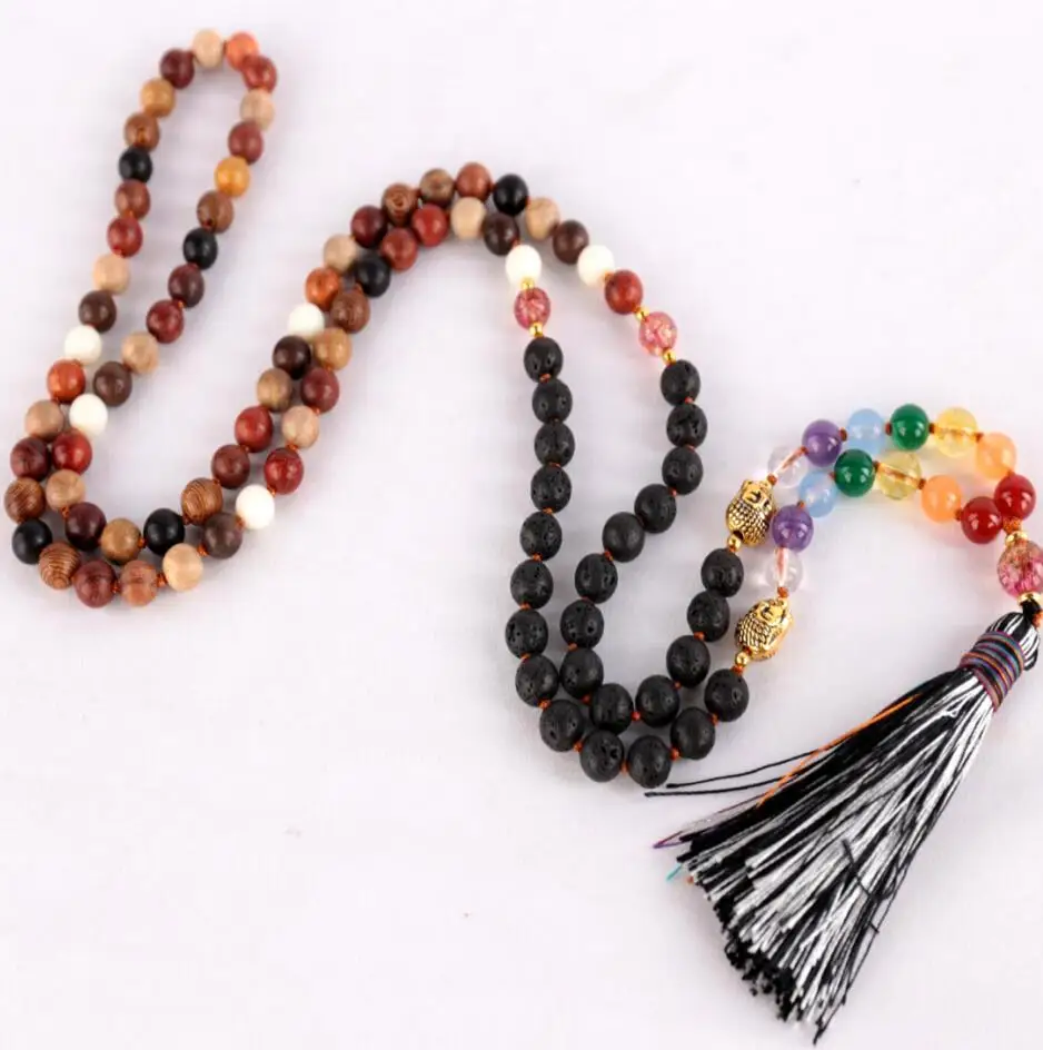 8mm Natural 108 knot lava gold Buddha head 7 chakra Necklace Healing Bridal Bohemian Spiritual Men Wood Fragrant Prayer