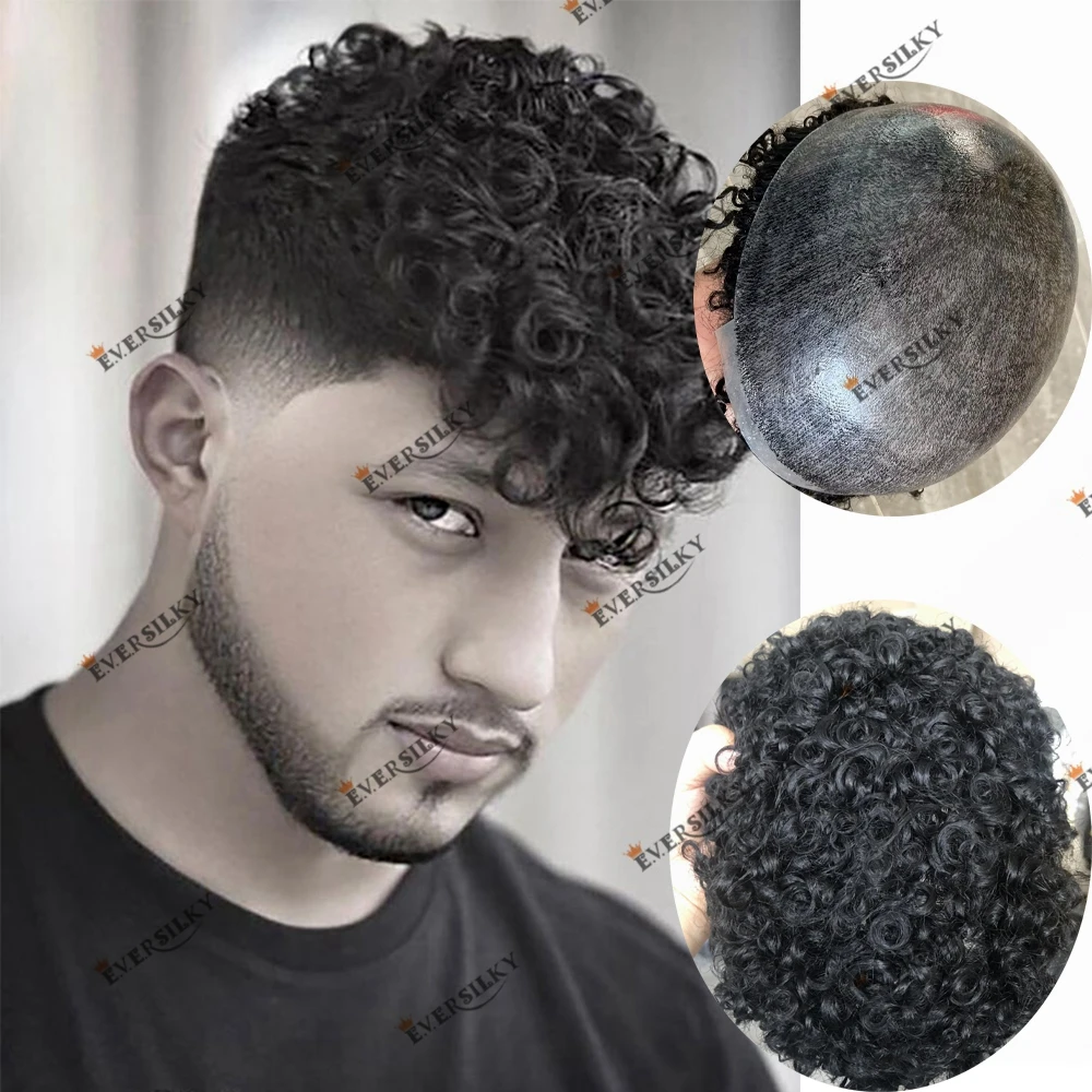 

Curly Men Toupee Prosthesis Super Durable Thin Skin PU Injection 100% Human Hair Men's Wig Cool Tone Blonde System Hairpieces