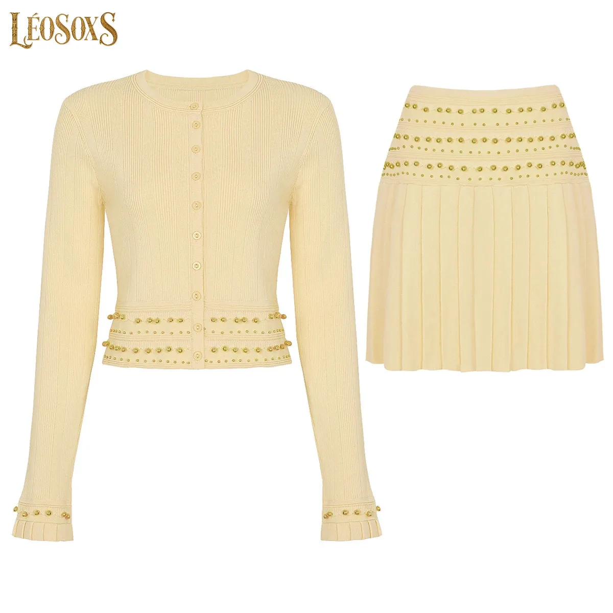 LEOSOXS High Quality Spring Autumn New Luxury Beaded Round Neck Knitted Women Long Sleeve Top Coat And Skirt Pcs Set