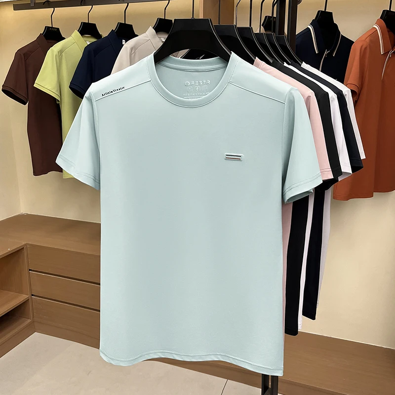 New Men's Short Sleeve Silk Round Neck T-Shirt Summer Solid Color Exquisite Print Top Cool Comfortable Breathable Men's Clothing