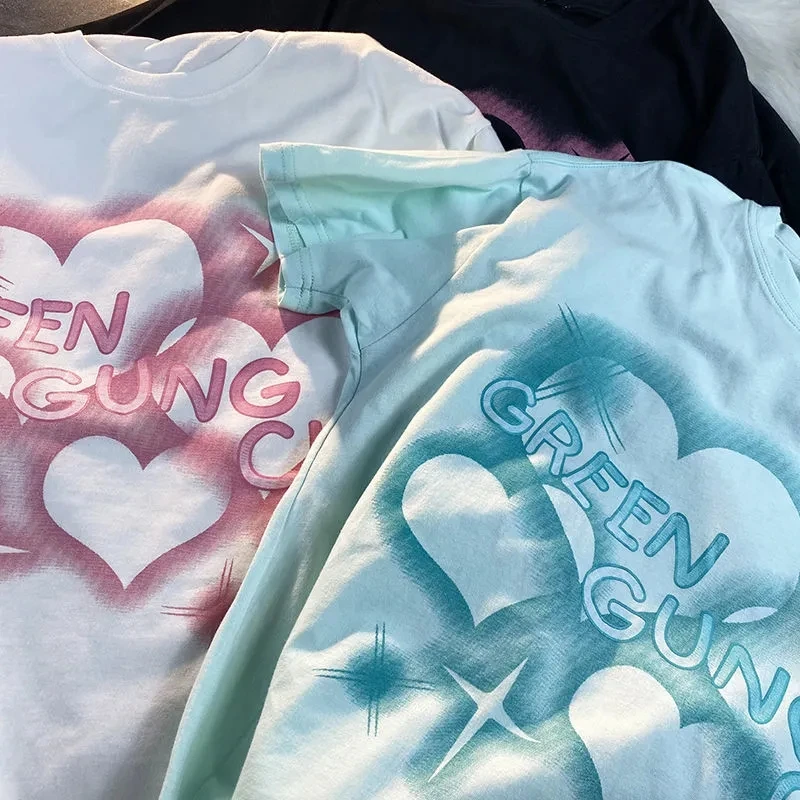 المرأة التي شيرت الحب إلكتروني الطباعة الحلو ولطيف بلوزة فضفاضة عادية تي شيرت قصير بارك الشرير قطعة علوية Y2K المرأة Harajuku س الرقبة