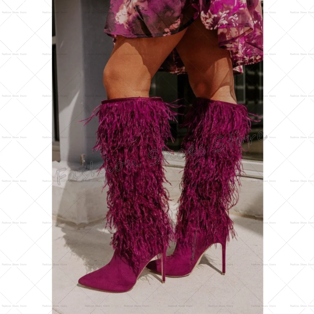 Roxo lado zíper pena decoração botas dedo do pé apontado sapatos femininos stilettos salto alto festa banquete namoro 2025 zapatos para mujere