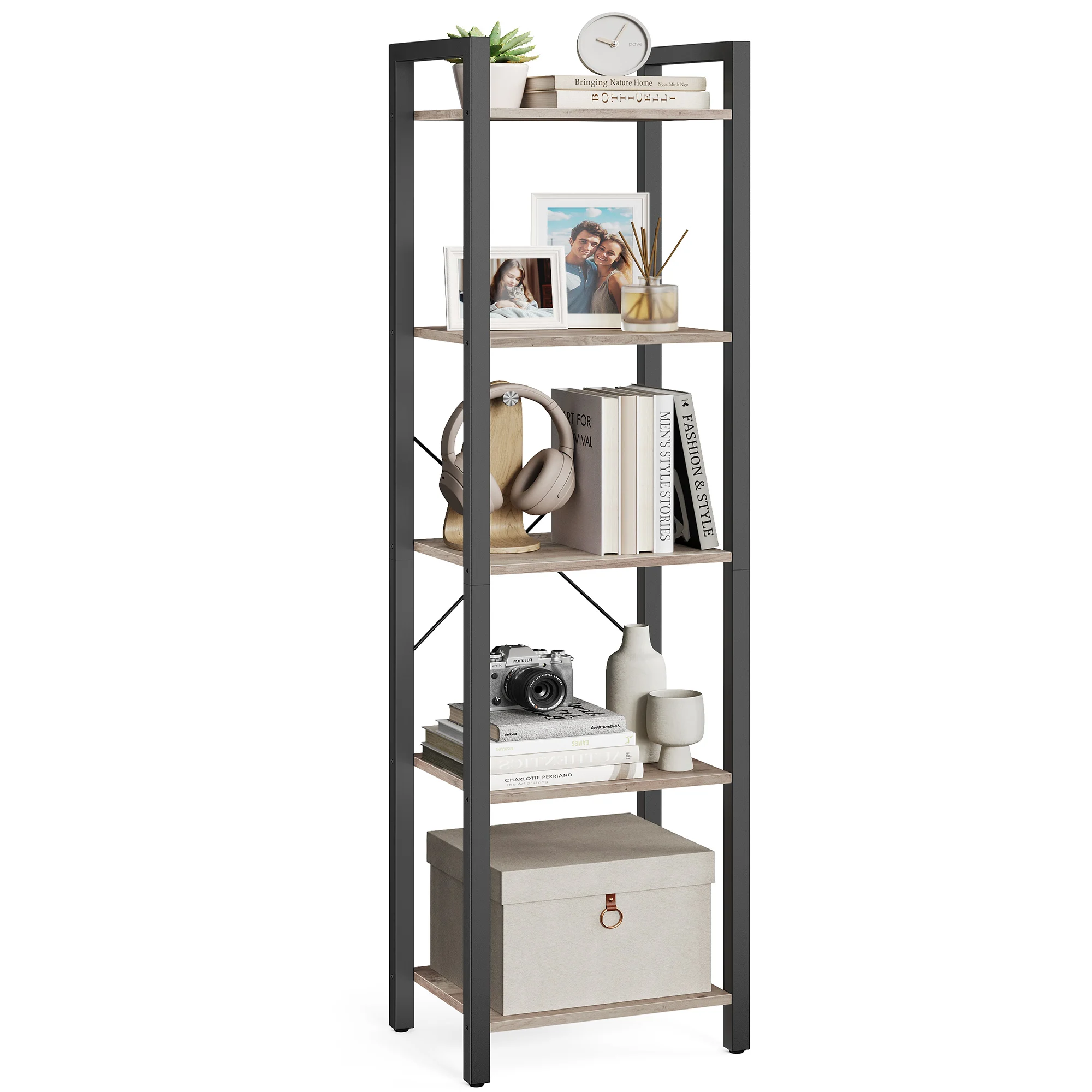 VASAGLE 5-Tier Tall Bookshelf, Narrow Bookcase with Steel Frame, Skinny Book Shelf for Living Room, Home Office, Study