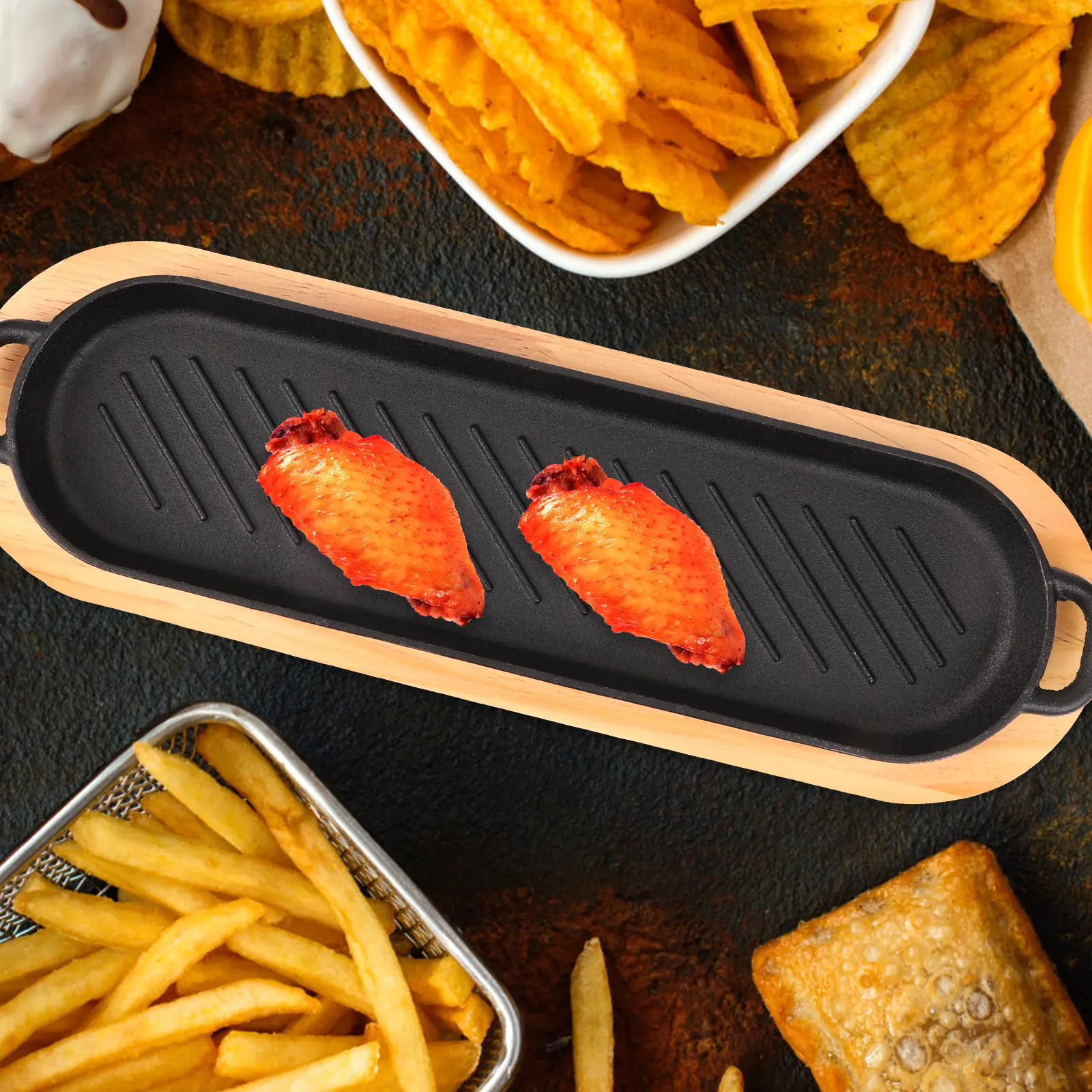 

Чугунная сковорода для стейков с деревянной подставкой, прочная, для равномерного приготовления и подачи семейных блюд, для использования на улице и в помещении