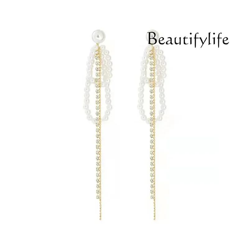 Long Pearl Fringed Earrings Women's Sterling Silver Personalized Versatile Earrings