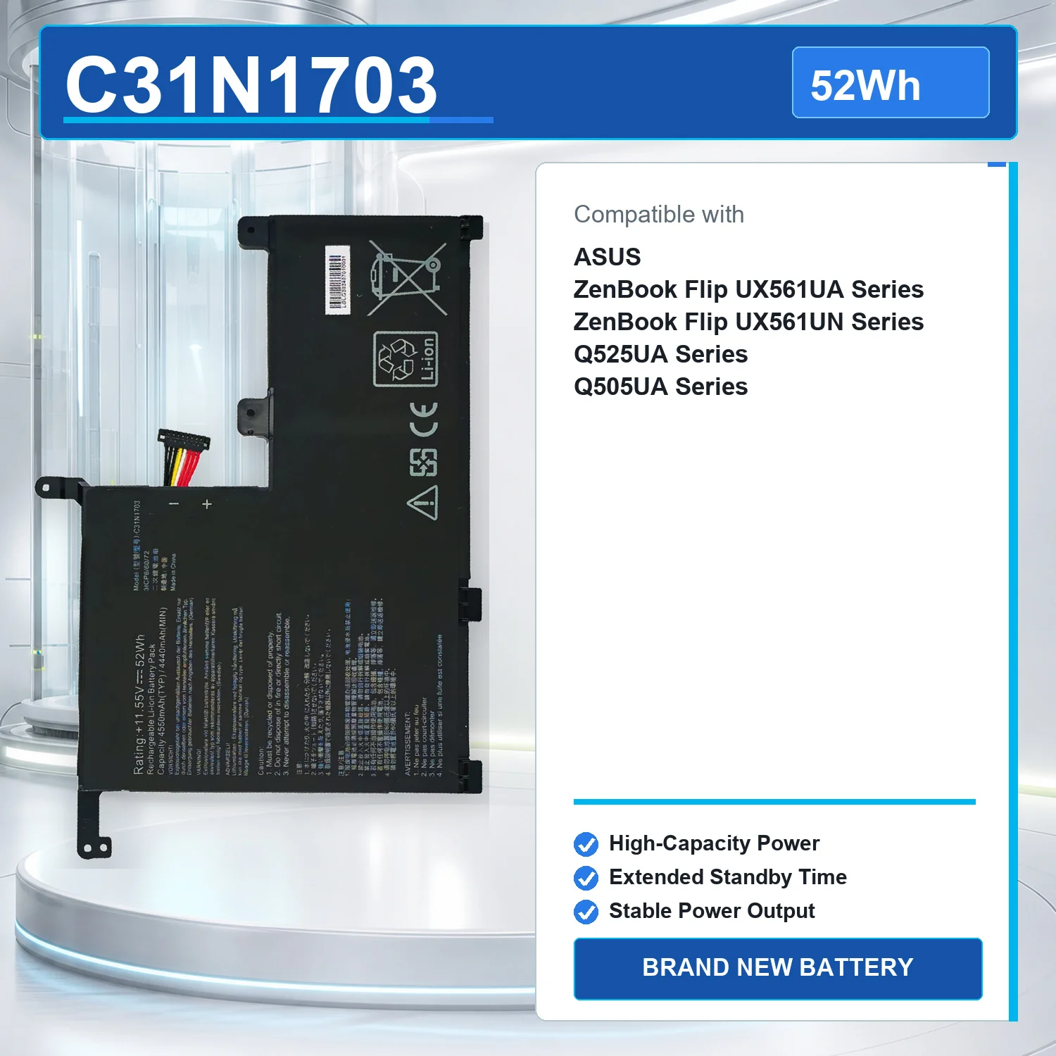 C31N1703 52Wh 11.55V Laptop Battery For ASUS ZenBook Flip UX561U UX561UA UX561UN Q525UA Q505UA 0B200-02650100