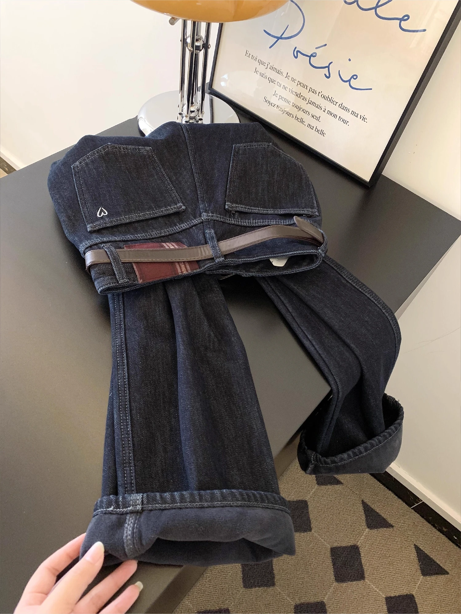 

plus Size Women's Fashion Straight Leg Jeans Thickened Fleece Wide Leg Pants High Waist Machine Embroidery Casual Wear