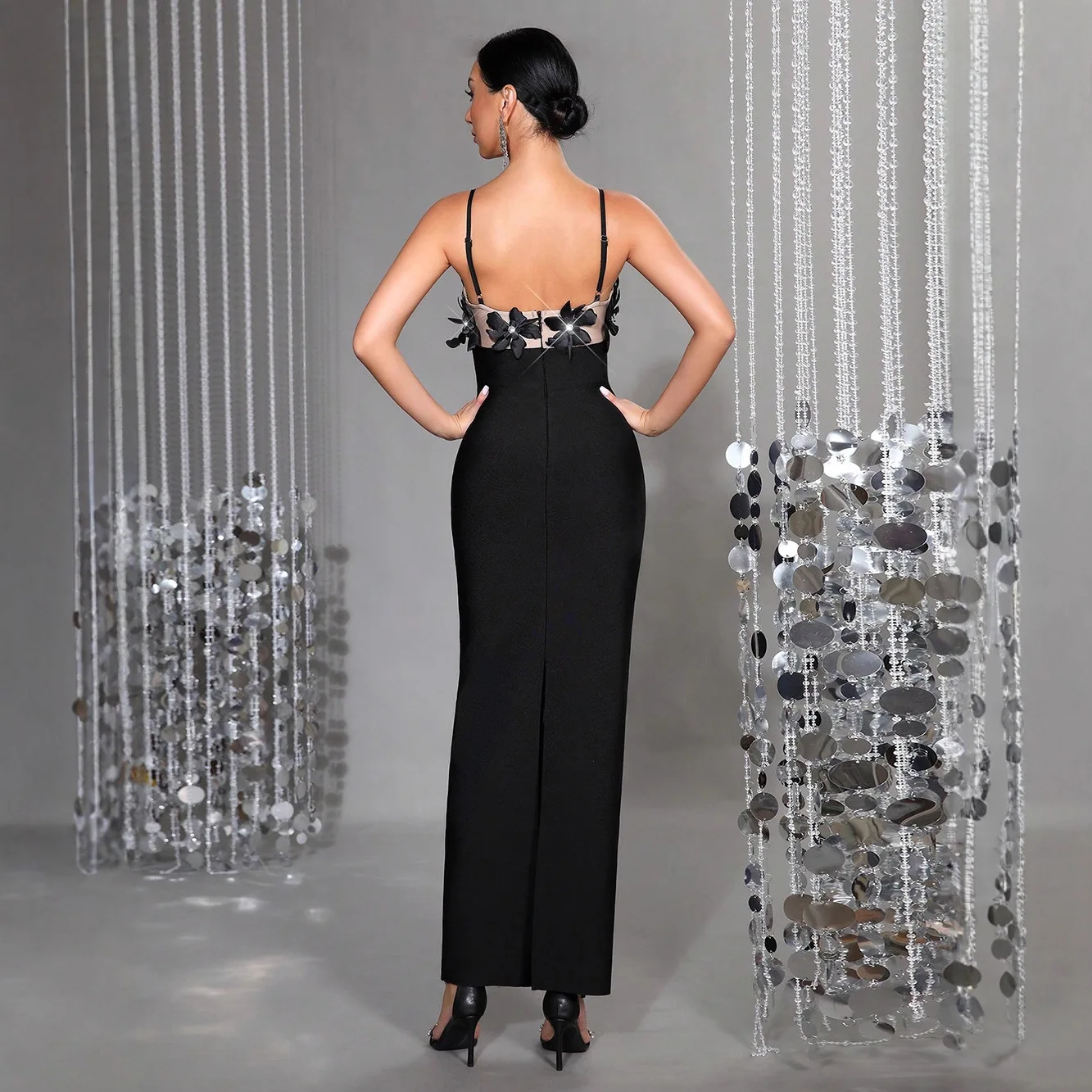 2025 Autumn French Elegant Sexy Black Bodycon Bandage Dress Spliced Floral High Waist Slim Fit Long Evening Party Dresses Women